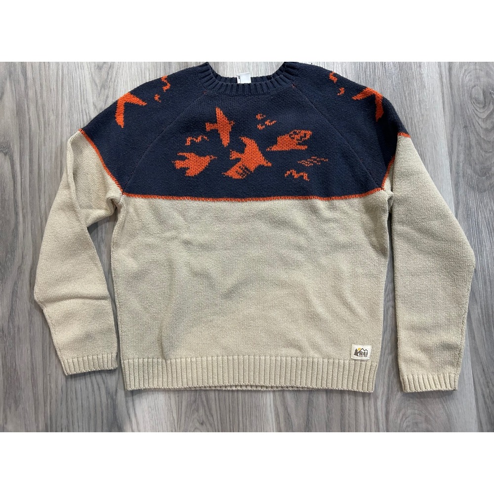 REI Co-op Boys XL 18 Navy Tan Orange Bird Intarsia Knit Raglan Pullover Sweater‎